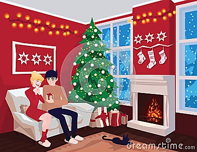 Young couple on sofa and cat in decorated guest room interior with a fireplace. Family celebration. Christmas tree Vector Illustration