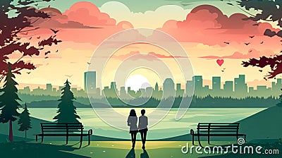 Young couple stands hand in hand, gazing upon cityscape at sunset Stock Photo