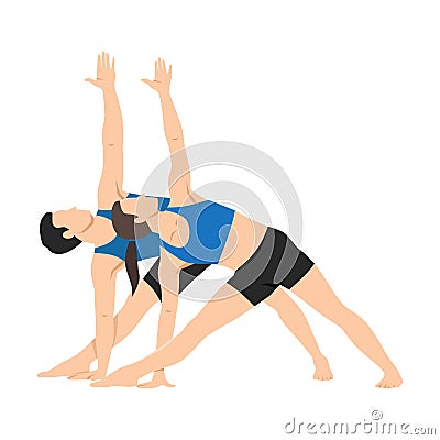 Young couple stretching bending to one side. Couple doing stretching exercise, extended triangle pose, utthita trikonasana Vector Illustration