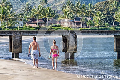 Young couple strolling beach, Kauai, Hawaii Editorial Stock Photo