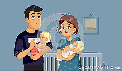 Exhausted New Parents Taking Care of Newborn Twin Babies Vector Cartoon Vector Illustration