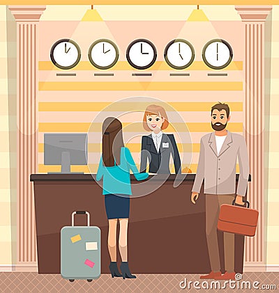 Young couple with suitcases standing at reception desk. People communicate with hotel administrator Vector Illustration