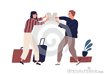 Young couple tearing paper, quarrel and argue. Family divorce and property division. Man and woman fighting. Husband and Vector Illustration