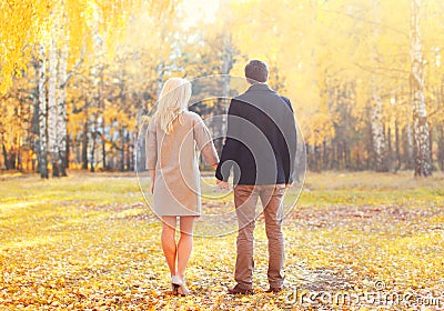 Young couple together holding hands walking in warm sunny autumn day view back Stock Photo