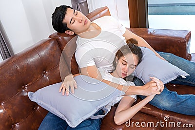 Young couple together sleeping tired Stock Photo