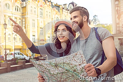 Young couple tourists city walk together vacation Stock Photo