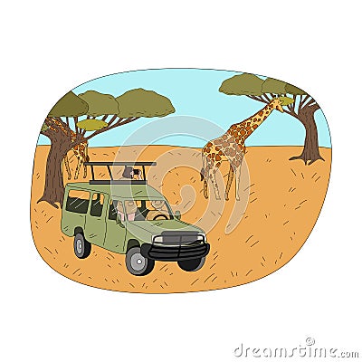 Young couple tourists sitting in car looking at giraffes with binoculars Vector Illustration