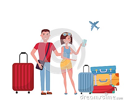 Young couple tourists with suitcases and bags on wheels on white background. scene at airport, search for information in mobile Cartoon Illustration