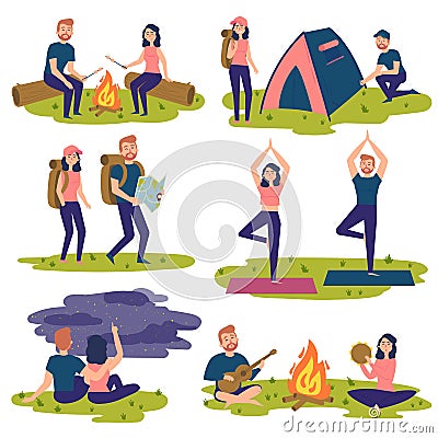 Set of travelers, tourists traveling. Yoga, hiking Vector Illustration