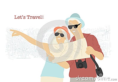 Young couple of travelers with map. Vacations and travel. Happy friends travel together. Vector Illustration