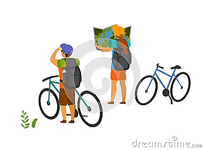 Young couple, traveling with mountain bikes, searching location , looking in map Vector Illustration