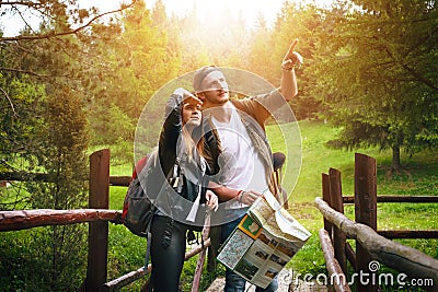 Young couple traveling in a nature. Happy people. Travel lifestyle Stock Photo