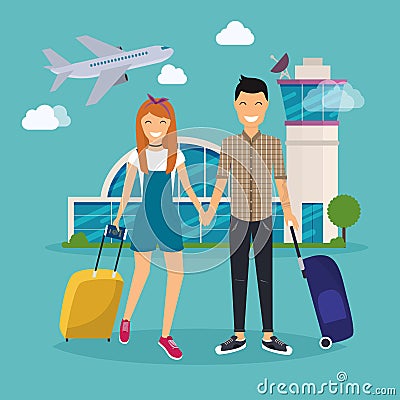 Young Couple traveling with travel bag, holding passport and tic Vector Illustration