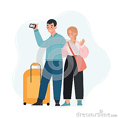 Young couple travels with luggage and making selfie on smartphone Vector Illustration