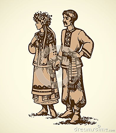 Young couple in Ukrainian national dress. Vector sketch Vector Illustration