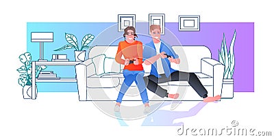 young couple using joysticks playing video games people spending time together at home living room interior Vector Illustration