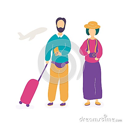 Young couple waiting for flight in airport Vector Illustration