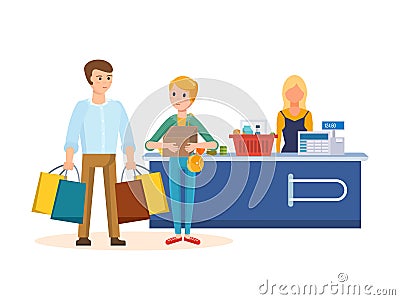 Young couple walking through the mall, purchases and plans acquisitions. Vector Illustration
