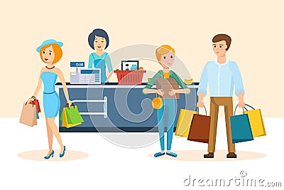 Young couple walking through the mall, purchases and plans acquisitions. Vector Illustration