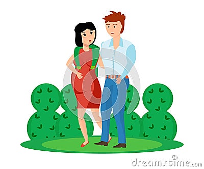 Young couple is walking in park, guy with pregnant girl. Vector Illustration