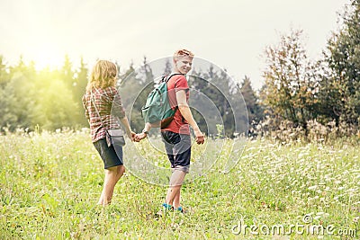 Young couple walks outdoor Stock Photo