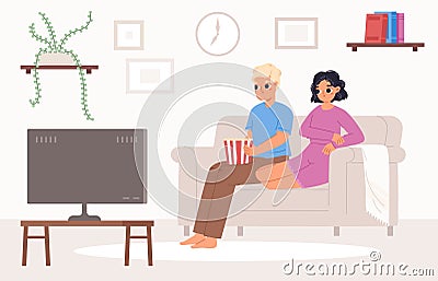 Young couple watch tv together in living room. Teenagers or adults date, student rest on sofa at evening. Home cinema Vector Illustration