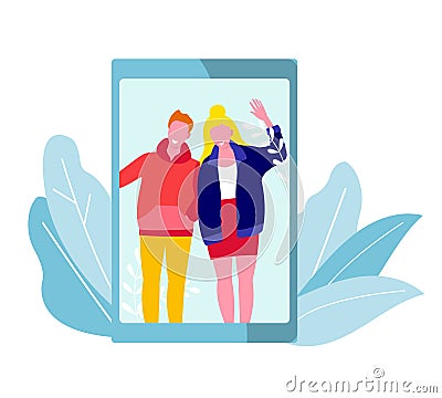 Young couple waving and smiling from tablet screen. Digital friendship and online communication. Virtual hello and Vector Illustration