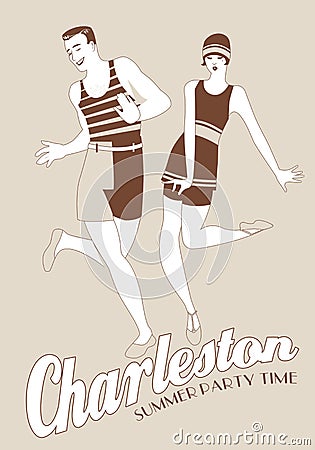 Young couple wearing retro style swimsuits, dancing Charleston Stock Photo