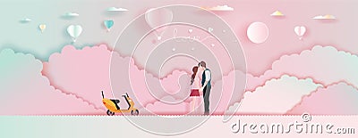 Young couples with Balloons love and romantic view. Family, love Cartoon Illustration