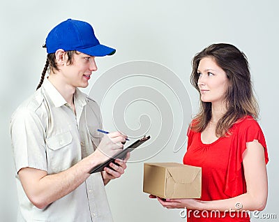 Young courier deliver package Stock Photo