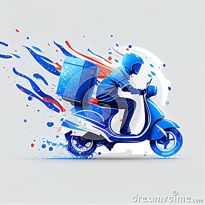 Young courier, delivery man in uniform with thermo backpack on a moped on blue background. Fast transport Stock Photo
