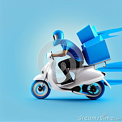 Young courier, delivery man in uniform with thermo backpack on a moped on blue background. Fast transport Stock Photo