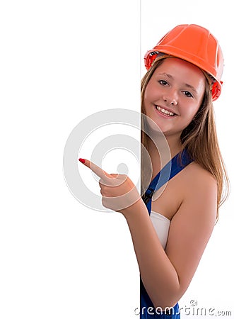 Young Craftswoman point to your logo isolated Stock Photo