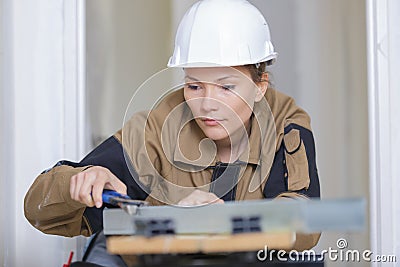 Young craftswoman working with wood Stock Photo