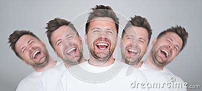 young crazy man laughing out loud at some hilarious joke, feeling happy Stock Photo