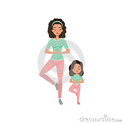 Young curly-haired mother with daughter doing yoga exercise. Motherhood concept. Healthy lifestyle. Girl and mom in Vector Illustration