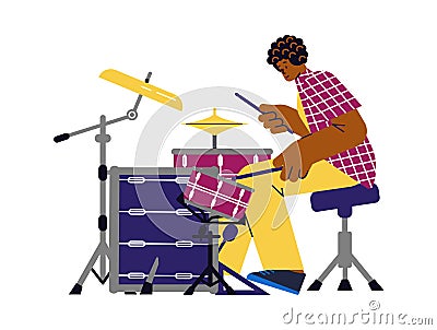 Young curly smiling boy in yellow pants playing drums flat style Vector Illustration