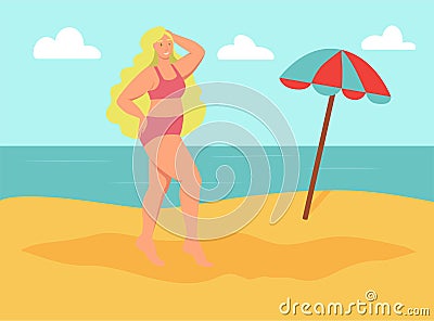 Young curvy woman on the beach Vector Illustration