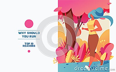 Young curvy woman jogging banner. Illustration drawn with flat gradients and vivid colors. Pink, blue and yellow. Stock Photo