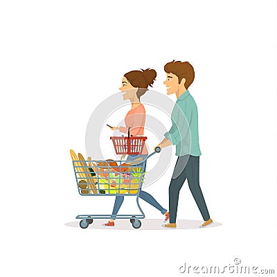 Young cute couple, man and woman shopping in a supermaket, Vector Illustration