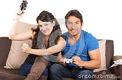 Young cute couple playing video games Stock Photo