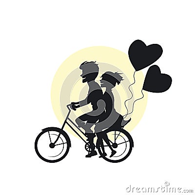 Young cute couple riding bike with heart balloons romantic silhouette Vector Illustration