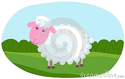 Young cute curly sheep. Cartoon character lamb on green lawn landscape. Template of cute farm animal Vector Illustration