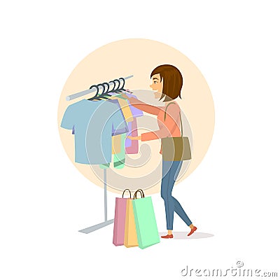 Young cute excited woman choosing clothes, shopping in mall Cartoon Illustration