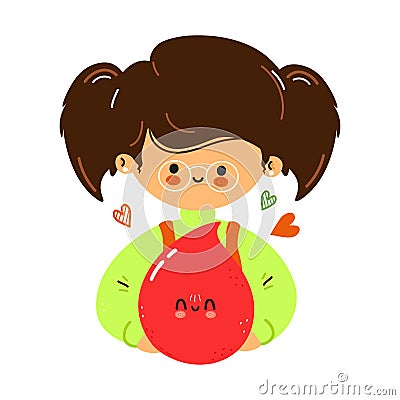 Young cute funny little girl hold blood drop in hand. Little girl hugs cute blood drop. Isolated on white background Vector Illustration