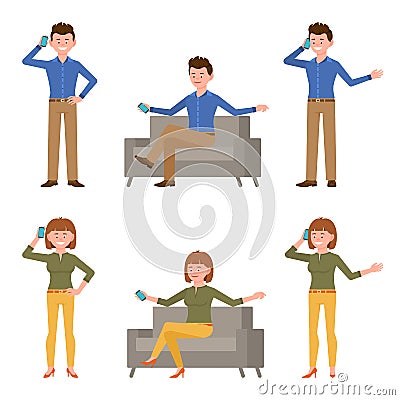 Man and woman vector illustration. Talking on phone, smartphone, calling, conversation, dialog, sitting office cartoon character Vector Illustration