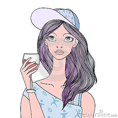 Young cute girl with glass of red wine. Vector illustration, isolated on white background. Vector Illustration