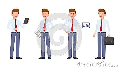 Young, cute, happy office man in formal wear standing with notes and coffee, tablet, briefcase. Vector Illustration