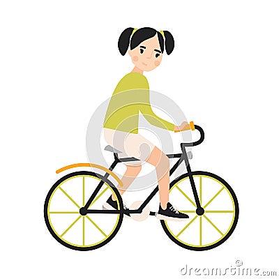 Young cute smiling girl riding bicycle. Cheerful child bicyclist pedaling urban bike isolated on white background Vector Illustration