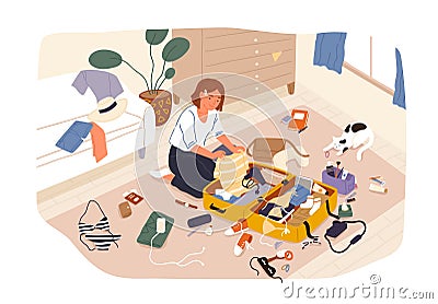 Young cute smiling girl sitting on floor and packing her suitcase or bag and preparing for trip or travel. Happy Vector Illustration